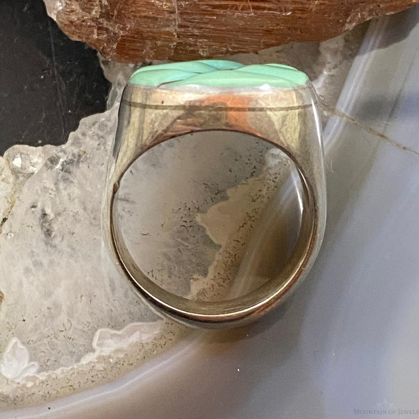 Native American Silver Oval Turquoise Inlay Unisex Shield Ring Size 9