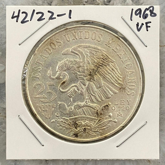 1968 Mexico XIX Olympic Games Aztec Ball Player 25 Pesos VF Silver Coin #42122-1