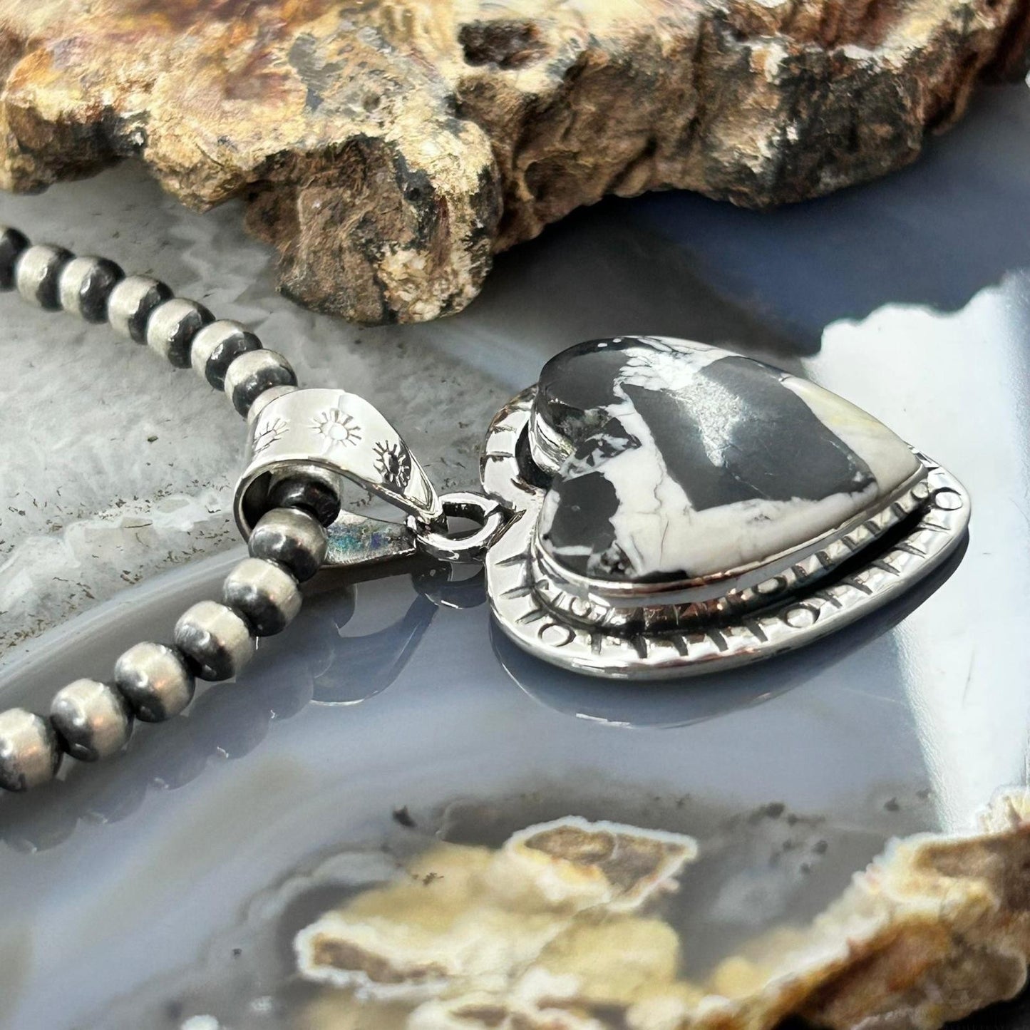 Sterling Silver Southwestern Style White Buffalo Decorated Heart Pendant For Women #1