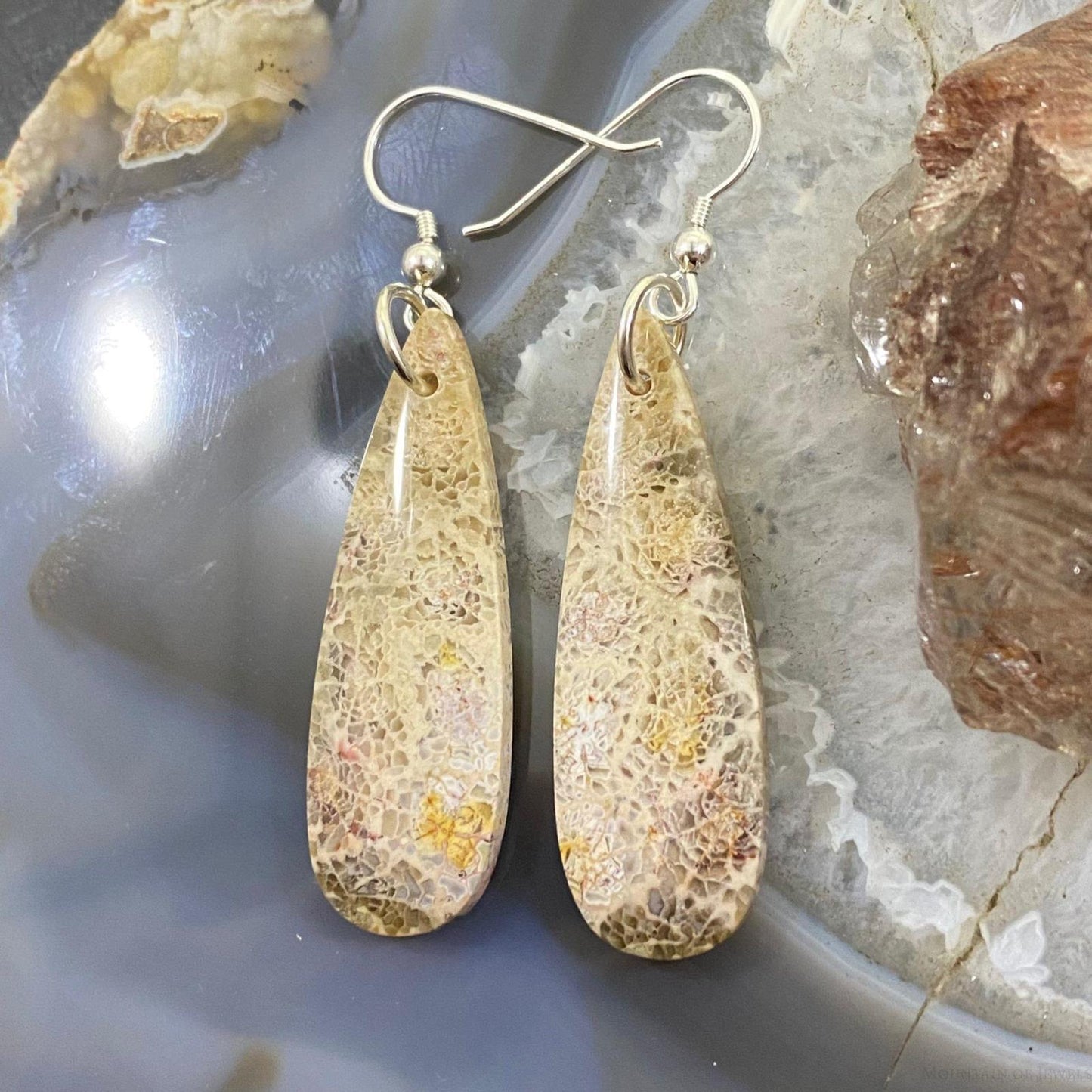 Sterling Silver Teardrop Fossilized Coral Slab Dangle Earrings For Women #091