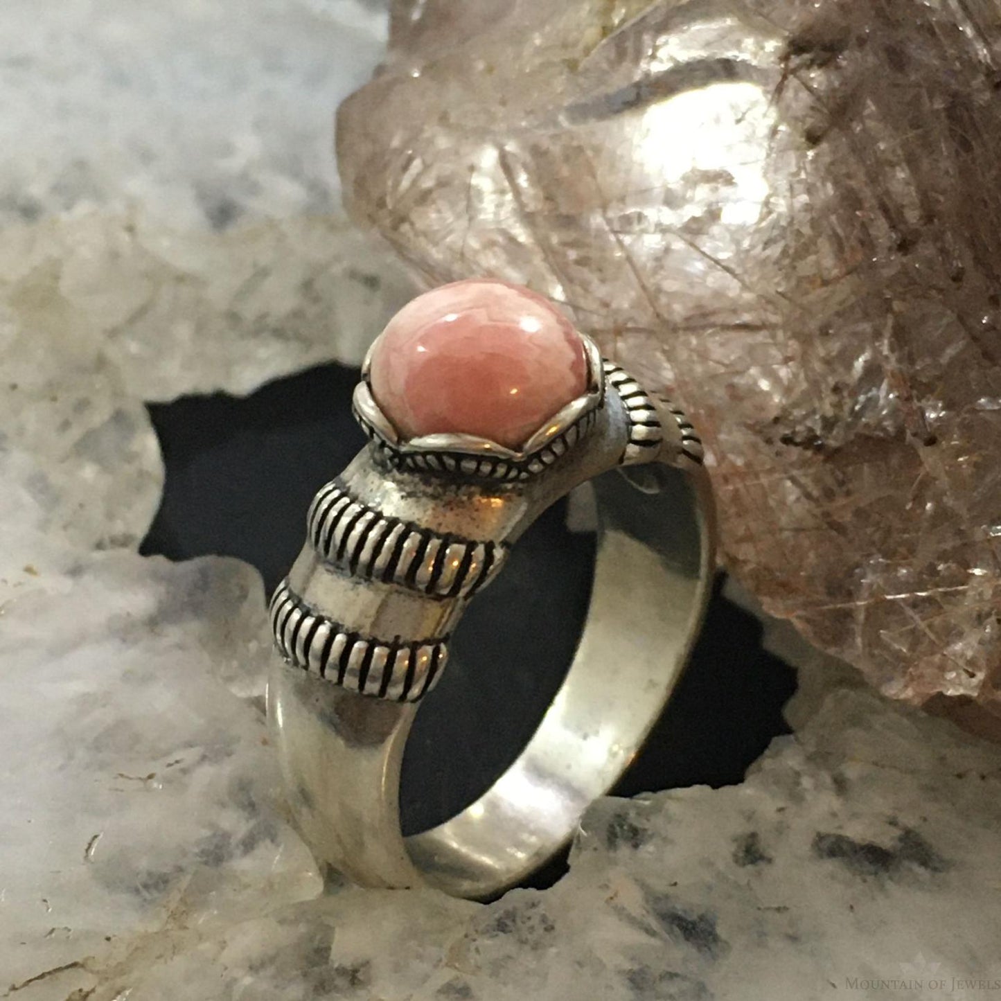 Carolyn Pollack Vintage Sterling Silver Round Rhodonite Decorated Ring For Women