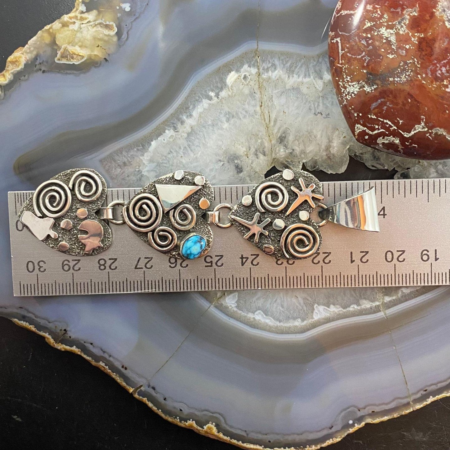 Alex Sanchez Native American Sterling Silver Triple Petroglyph Heart w/Turquoise Pendant For Women