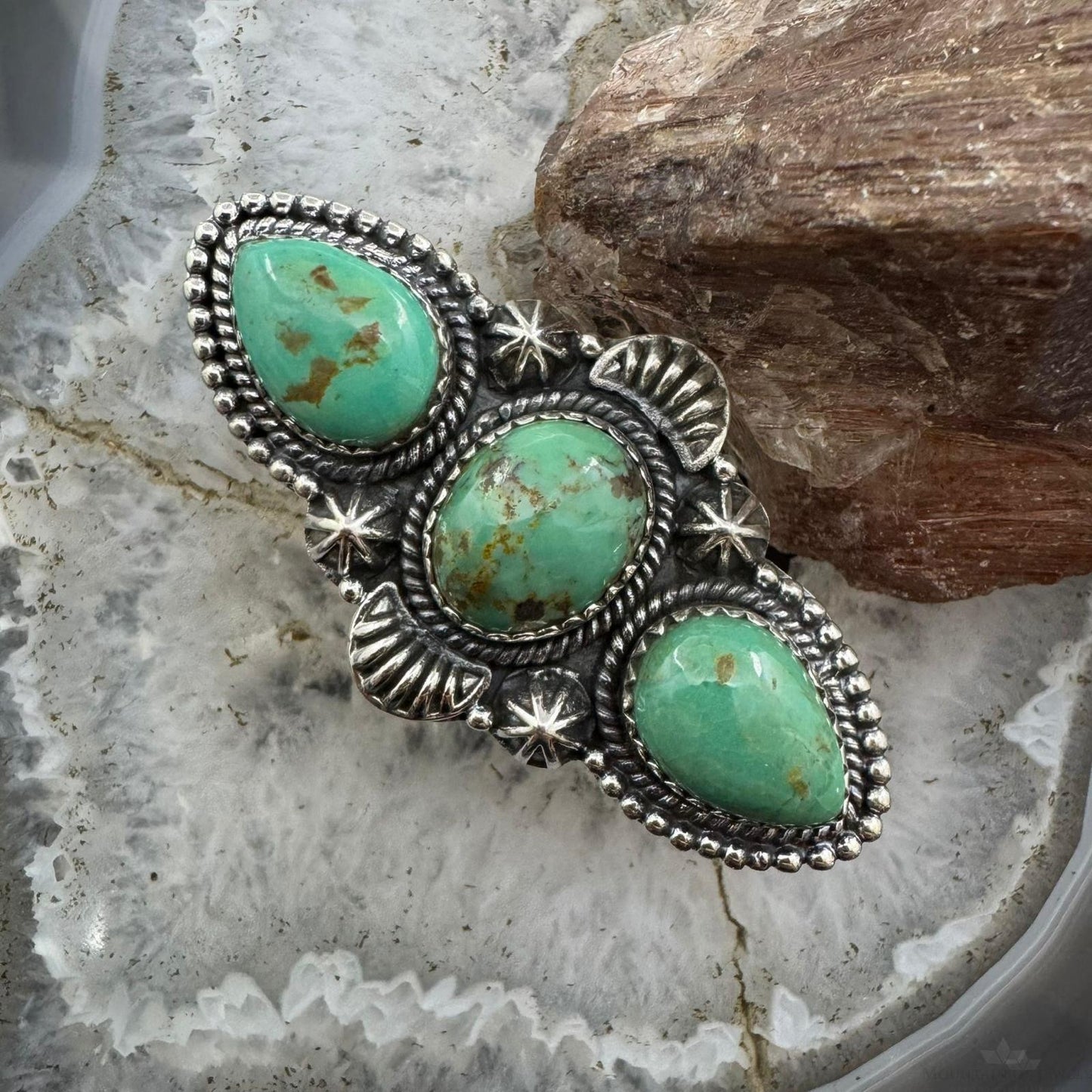 Sterling Silver Southwestern Style Oval & Teardrop Turquoise Adjustable Ring For Women