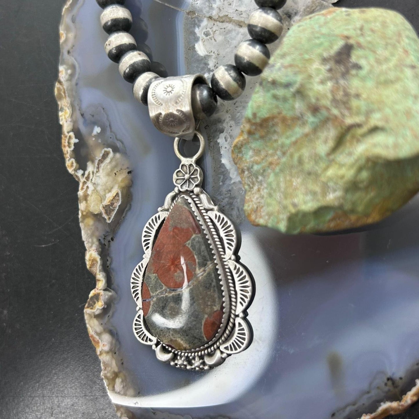 Sterling Silver Southwestern Style Teardrop Peanut Obsidian Pendant For Women