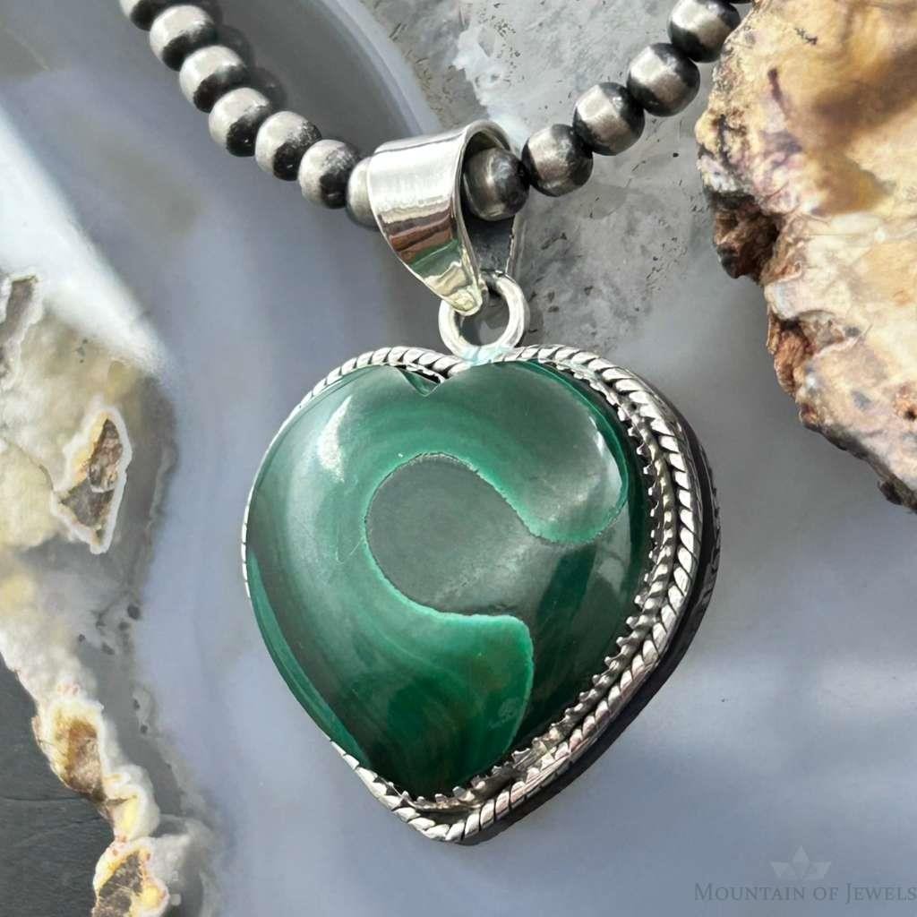 Sterling Silver Southwestern Style Malachite Heart Decorated Pendant For Women