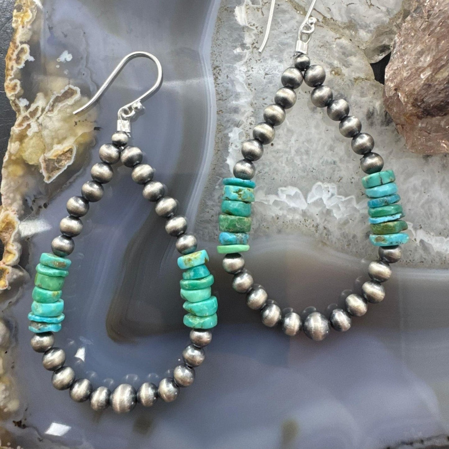 Sterling Silver 4mm Navajo Pearl Southwester Style & 6mm Turquoise Bead Hoop Earrings For Women