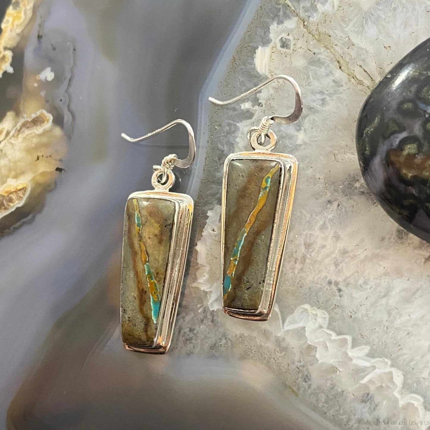 Native American Sterling Trapezoid Boulder Ribbon Turquoise Dangle Earrings #1