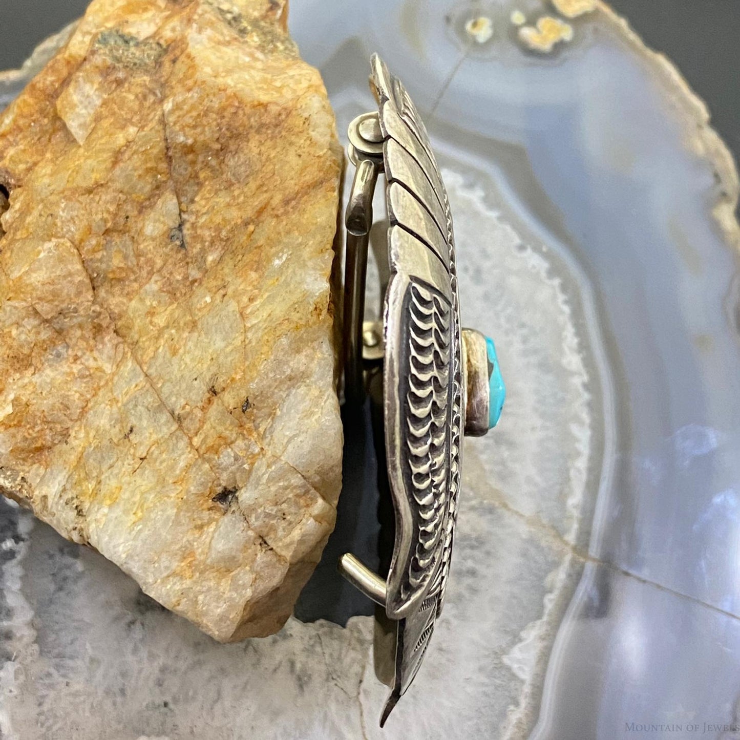 Vintage Native American Sterling Silver Heavy Stamped W/Turquoise Belt Buckle