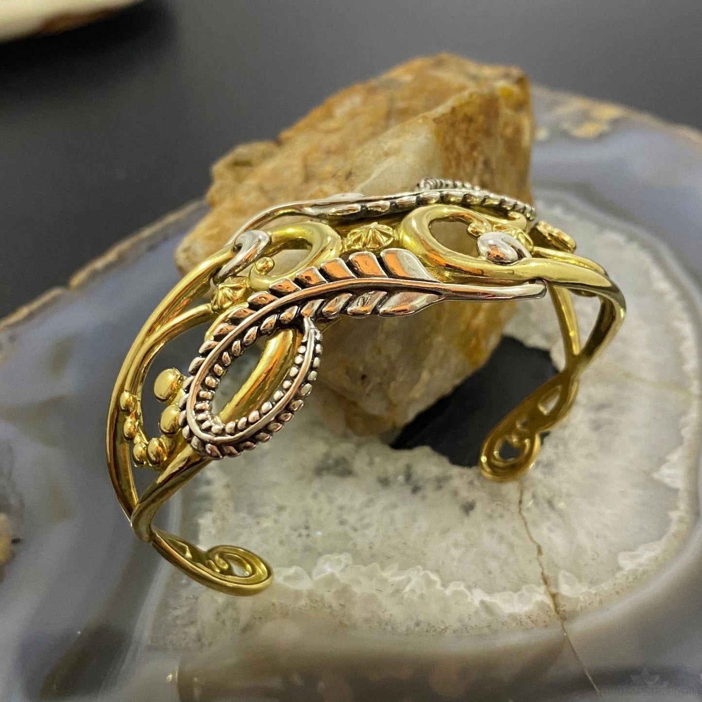 Carolyn Pollack Vintage Sterling Silver & Brass Floral Design Bracelet For Women
