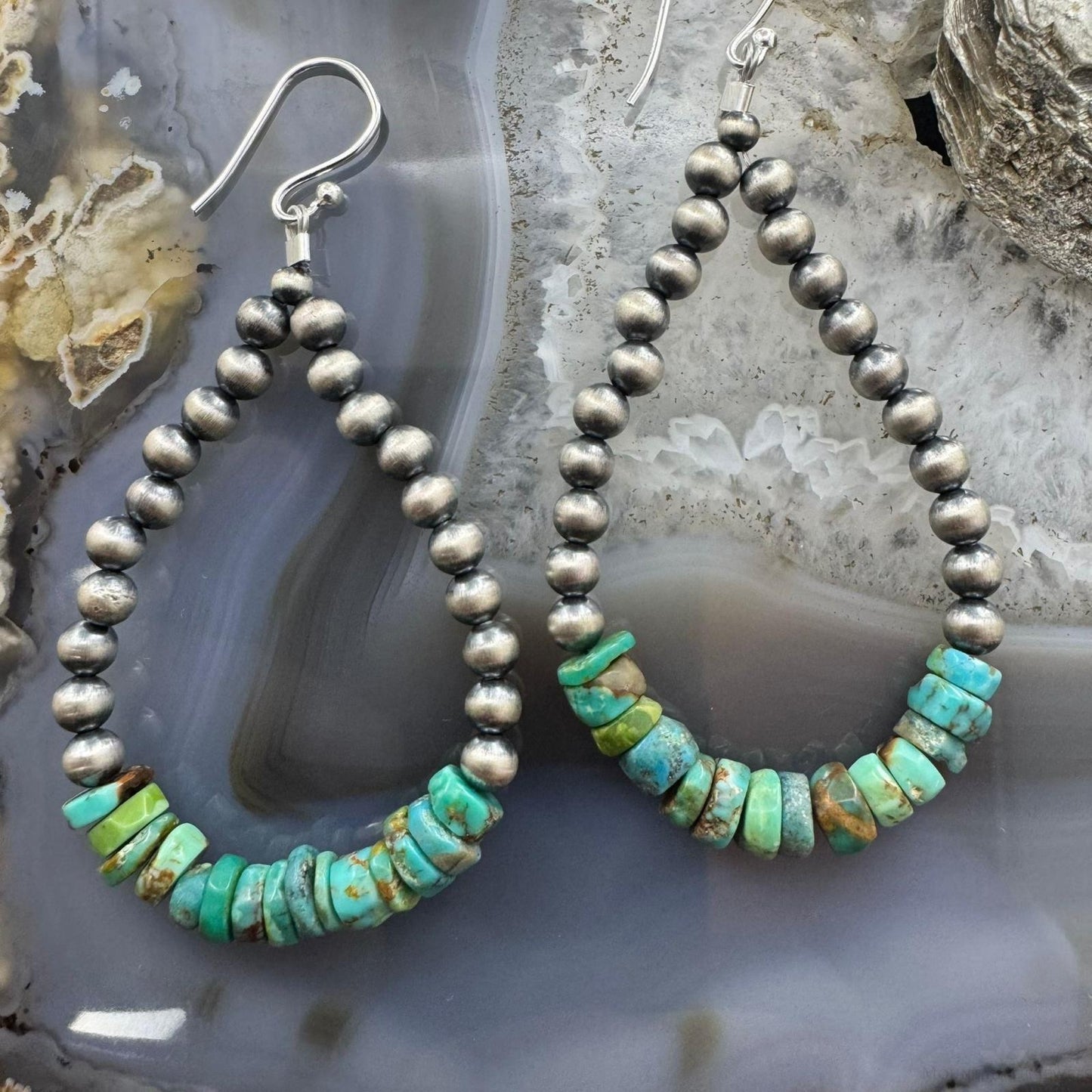 Sterling Silver 4mm Navajo Pearl Southwester Style & 6mm Turquoise Bead Hoop Earrings For Women