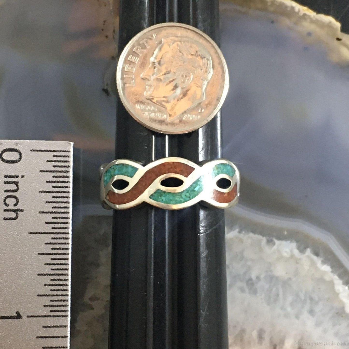 Carolyn Pollack Southwestern Style Sterling Silver Turquoise & Coral Chip Inlay Band Ring
