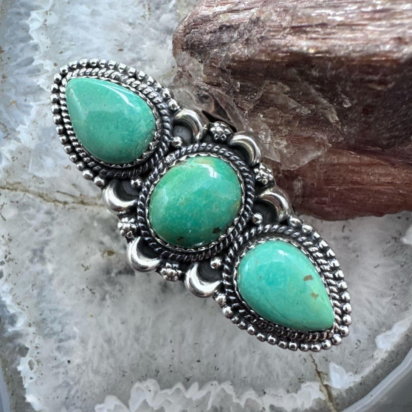 Sterling Silver Southwestern Style 3 Green Turquoise Adjustable Ring For Women