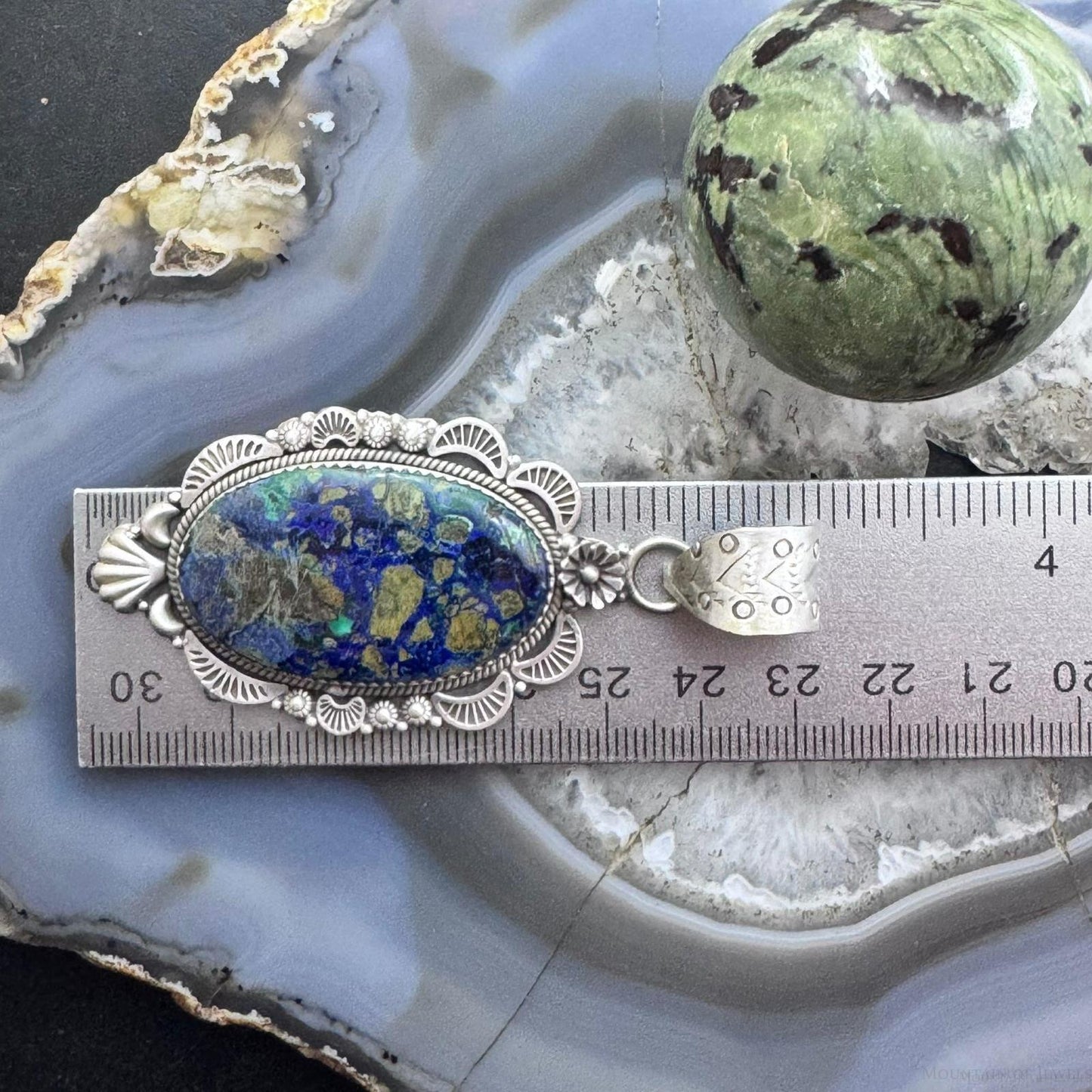 Sterling Silver Southwestern Style Elongated Oval Chrysocolla Decorated Pendant For Women