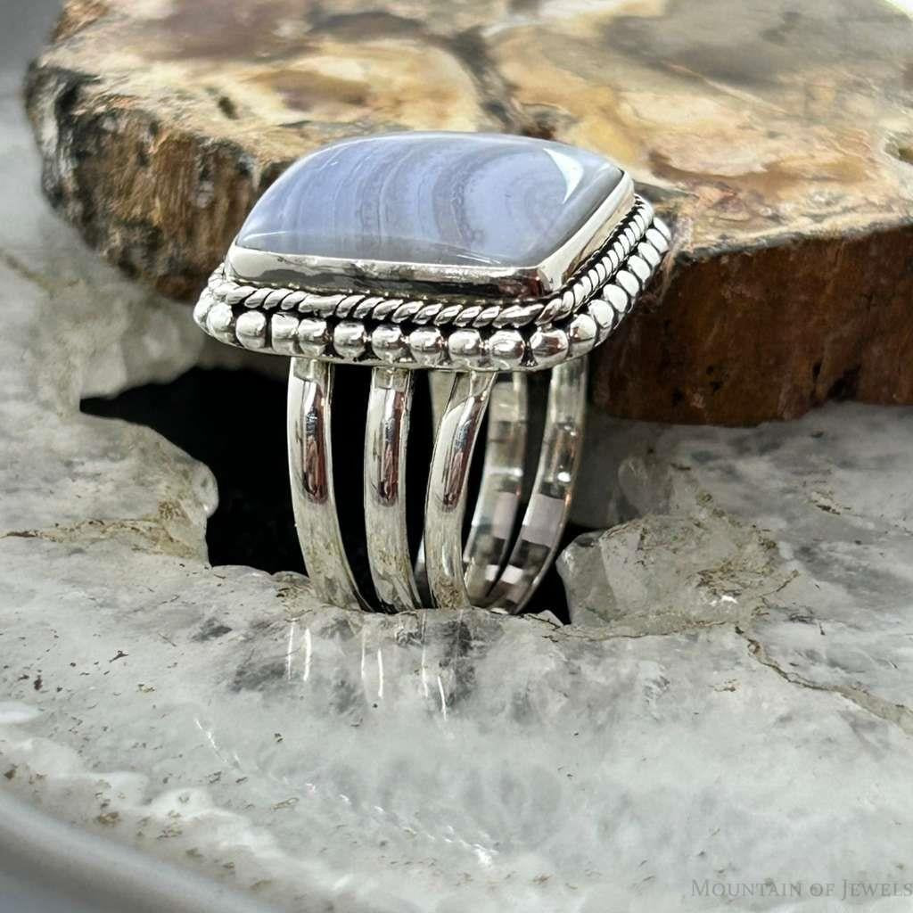 Sterling Silver Southwestern Style Square Blue Lace Agate Ring Size 7.5 For Women