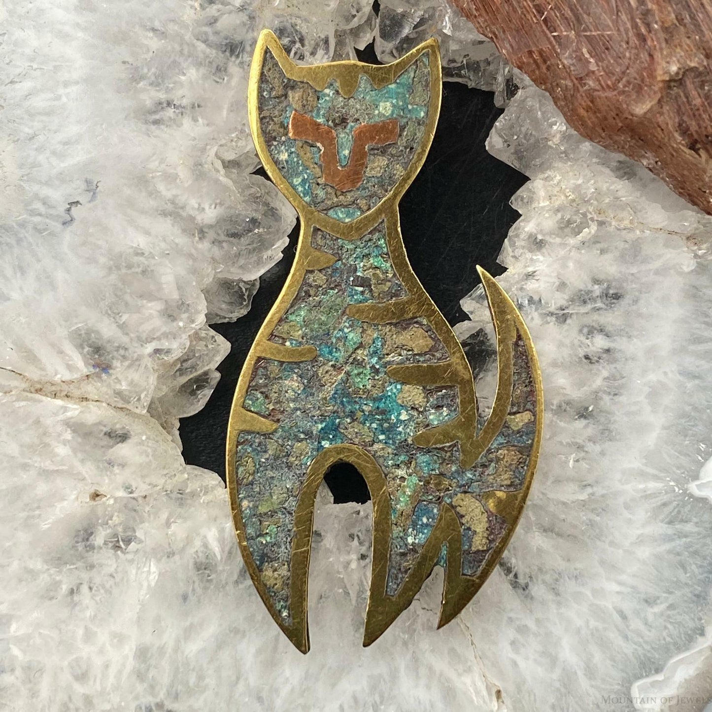 Sterling Silver Chip Inlay Cat Brooch, Made In Mexico