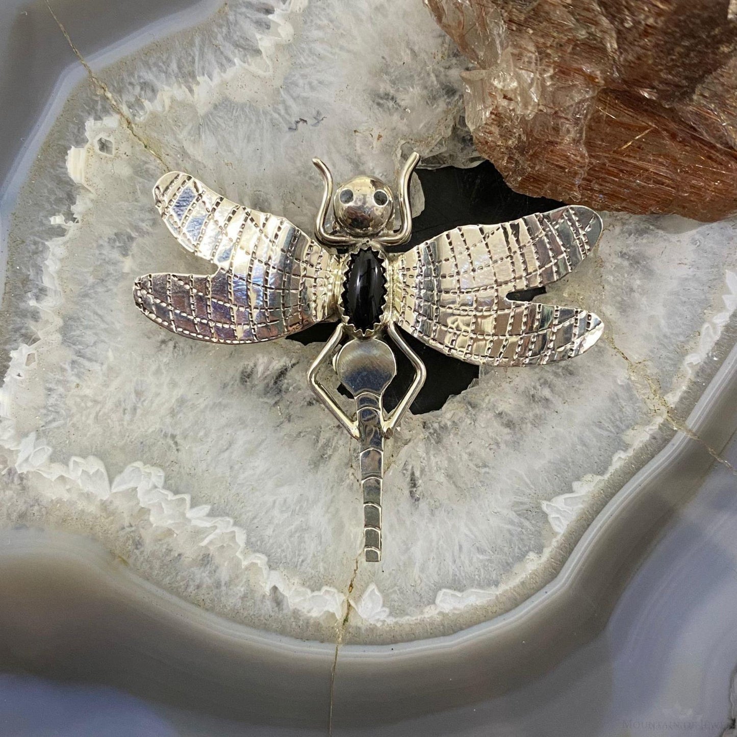 Native American Sterling Silver Oval Onyx Fly Unisex Brooch