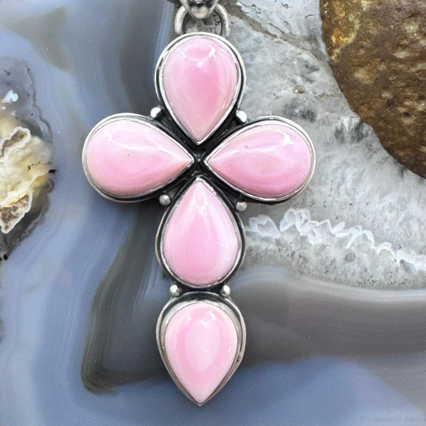 Native American Sterling Silver Teardrop Pink Conch Cross Pendant For Women