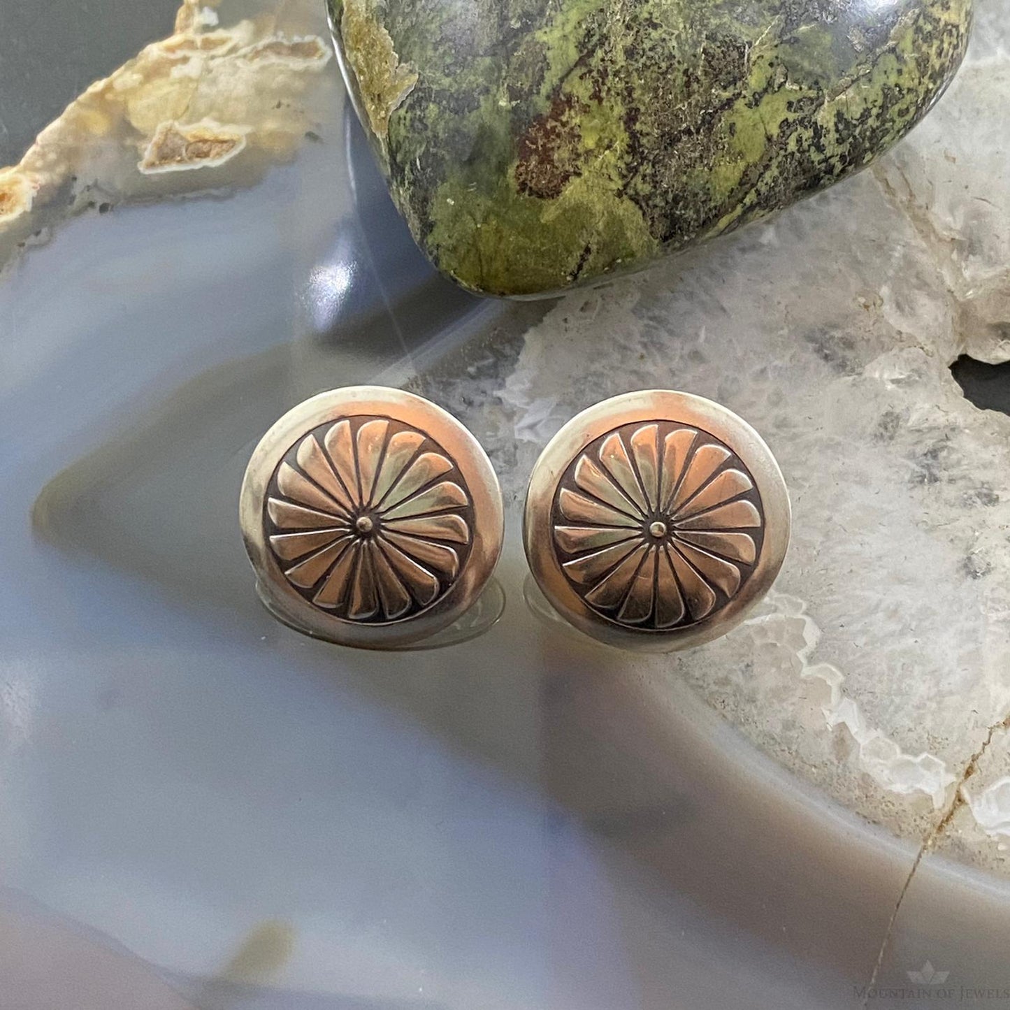 Native American Sterling Silver Round Stamped Concho Stud Earrings For Women #2