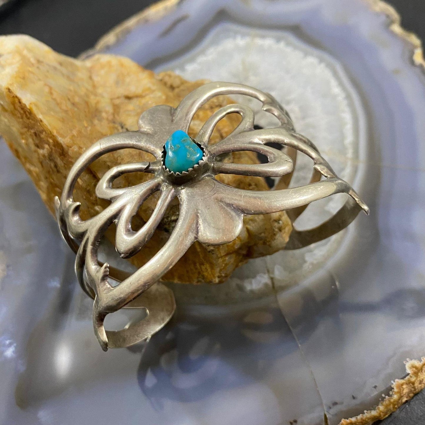 Vintage Native American Sterling Silver Turquoise Sand Cast Bracelet For Women