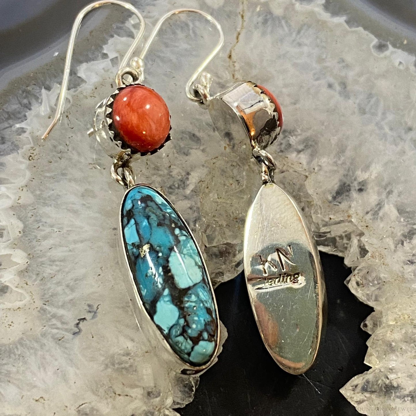 Native American Sterling Spiny Oyster & Oval Mosaic Turquoise Dangle Earrings