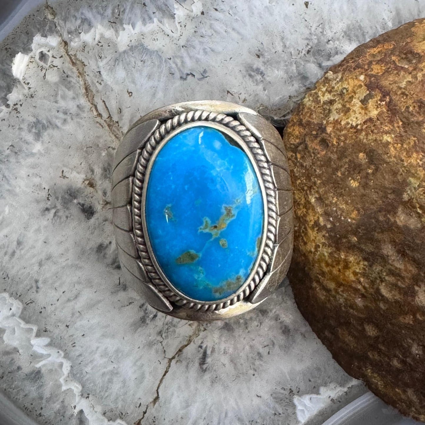 Native American Sterling Silver Oval Blue Ridge Turquoise Shield Ring Size 11 For Men