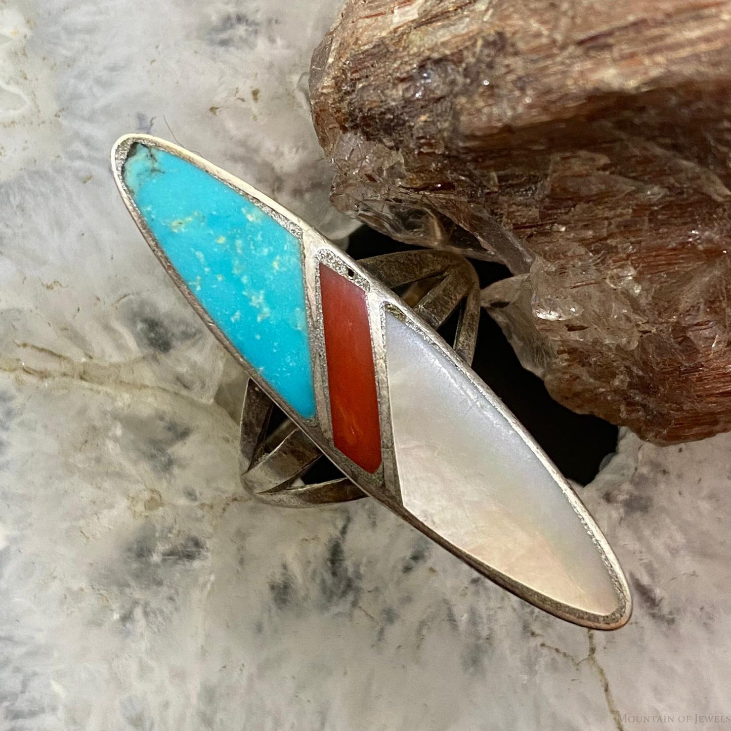 Vintage Native American Silver Marquise Multi Stone Channel Inlay Ring Size 7