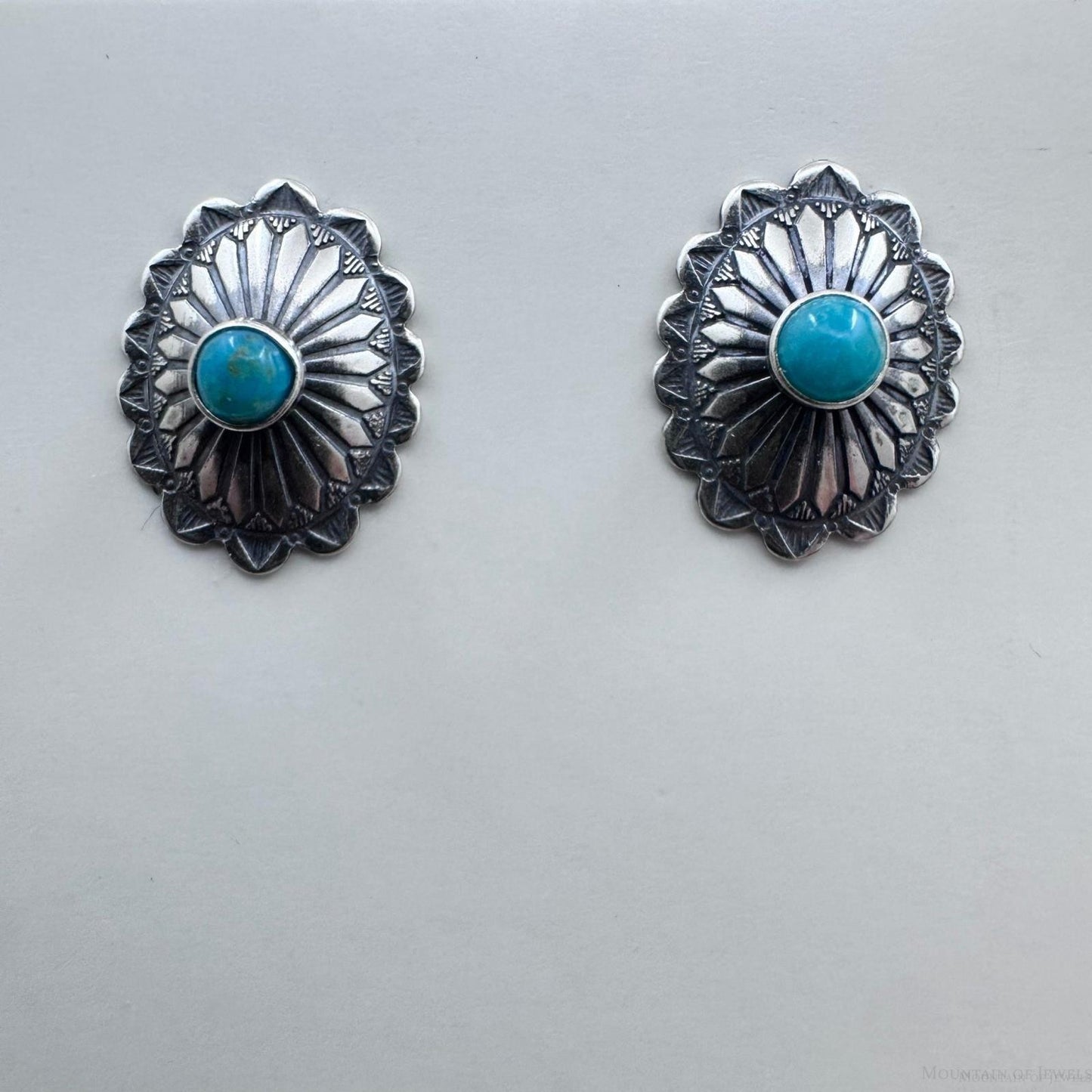 Sterling Silver Repousse Oval Concho with Turquoise Stud Earrings For Women