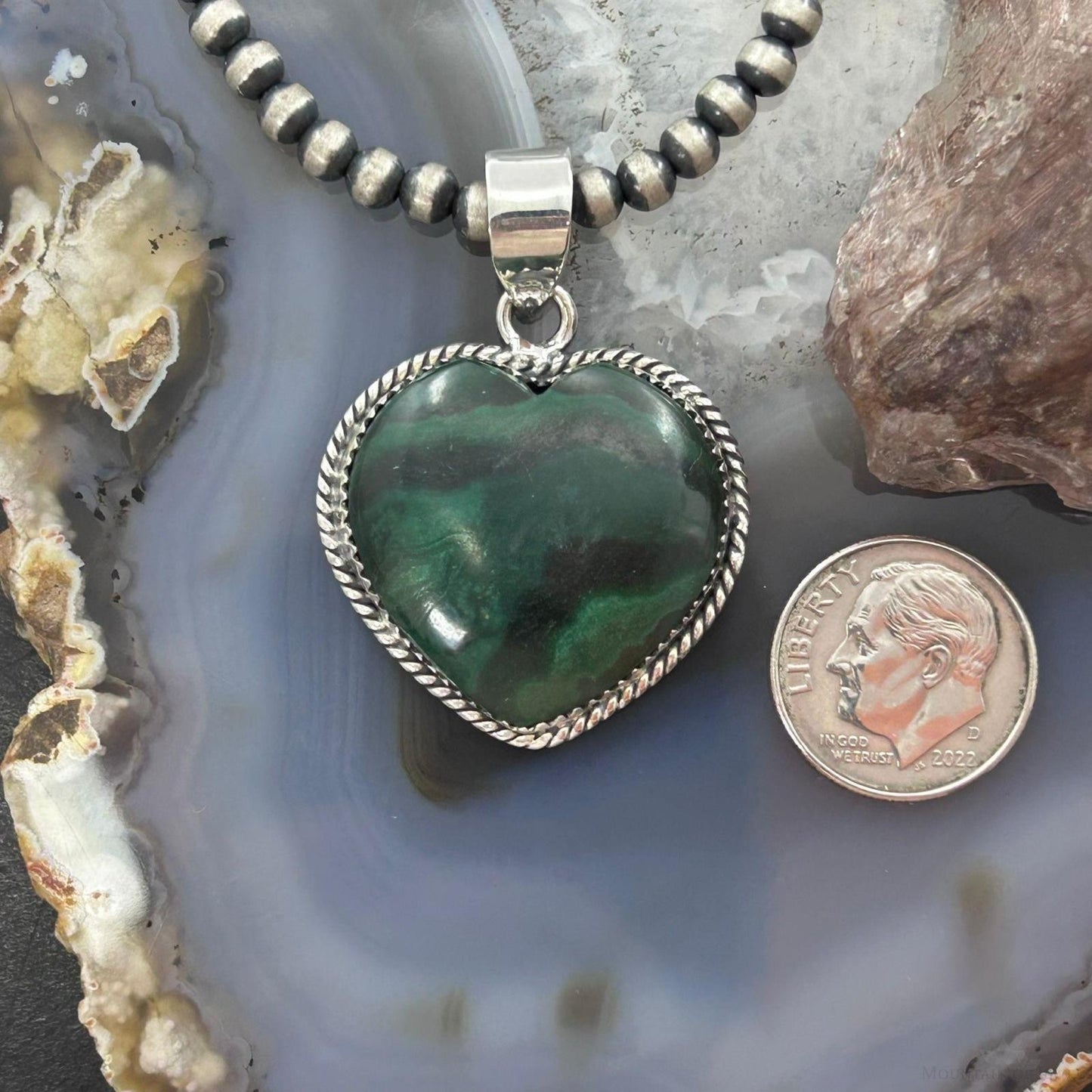 Sterling Silver Southwestern Style Malachite Heart Pendant For Women