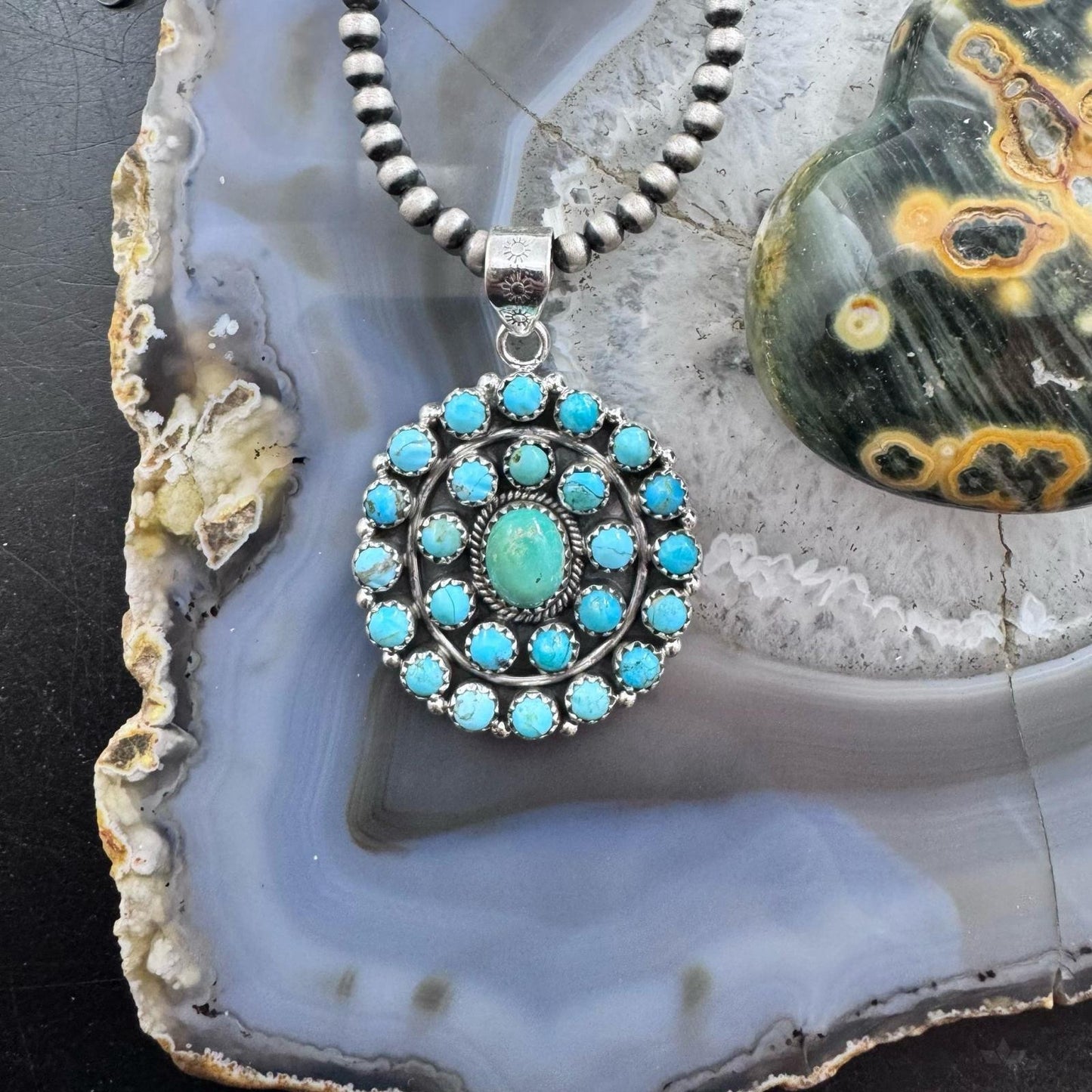 Sterling Silver Southwestern Style Rounded Turquoise Round Cluster Pendant For Women