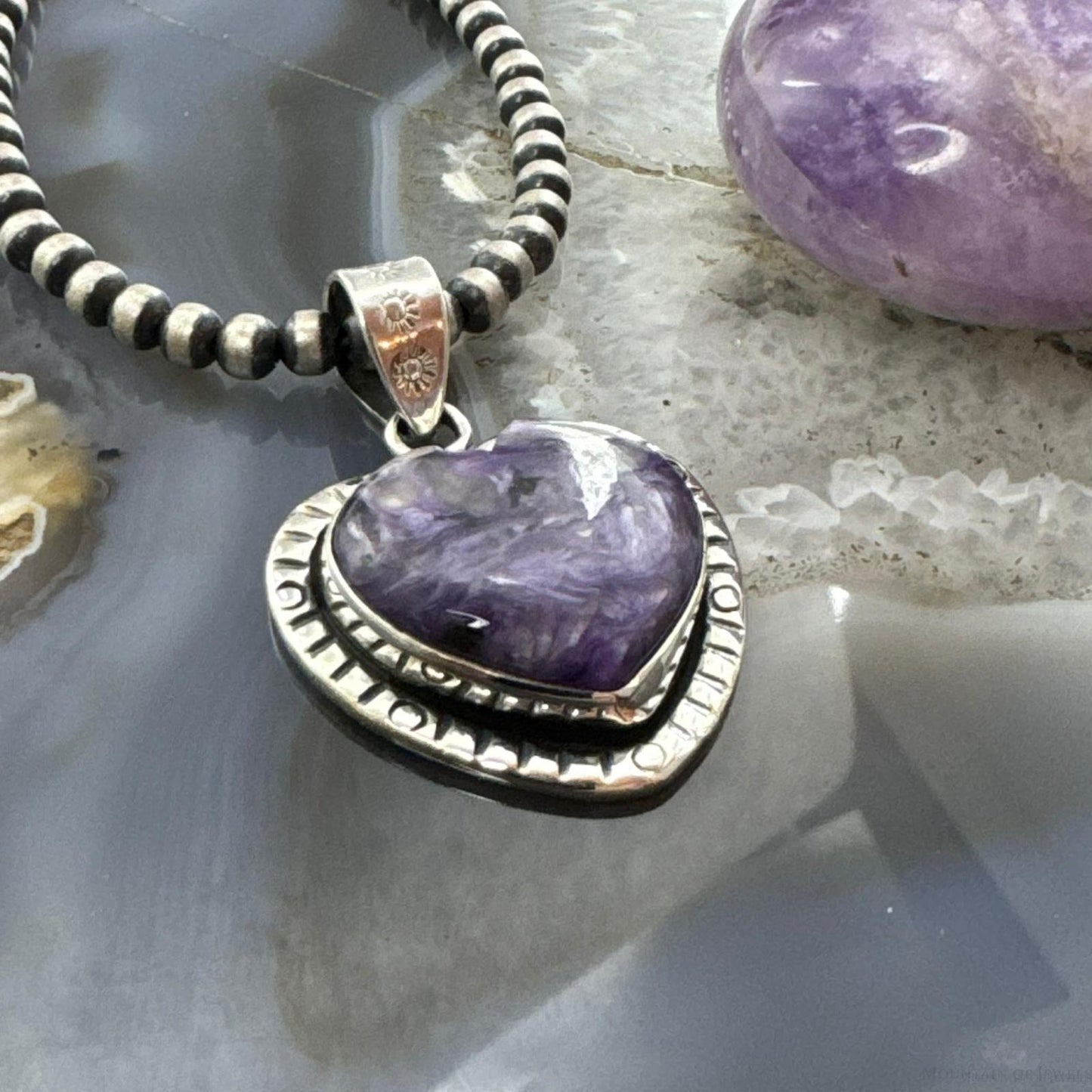 Sterling Silver Southwestern Style Charoite Heart Shape Pendant For Women