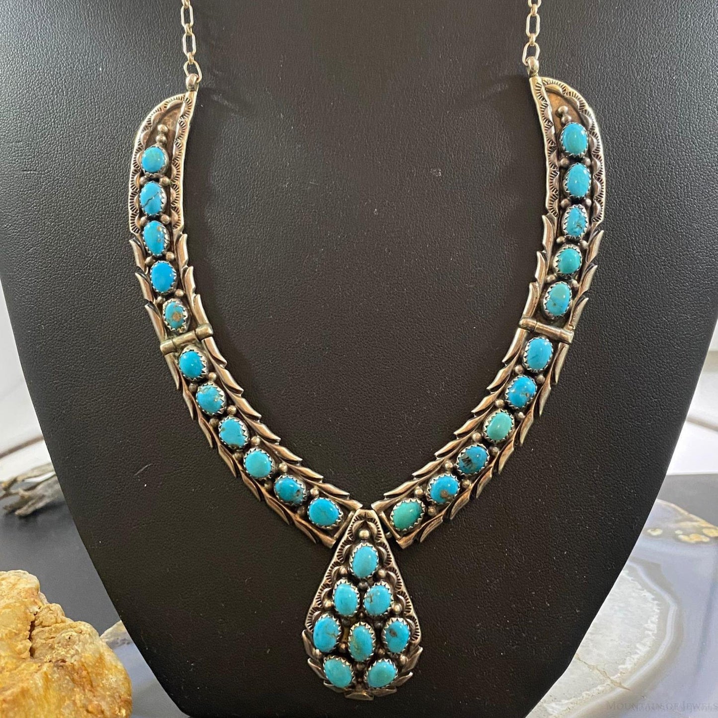 Vintage Native American Sterling Silver Turquoise Cluster Adj.18" Necklace