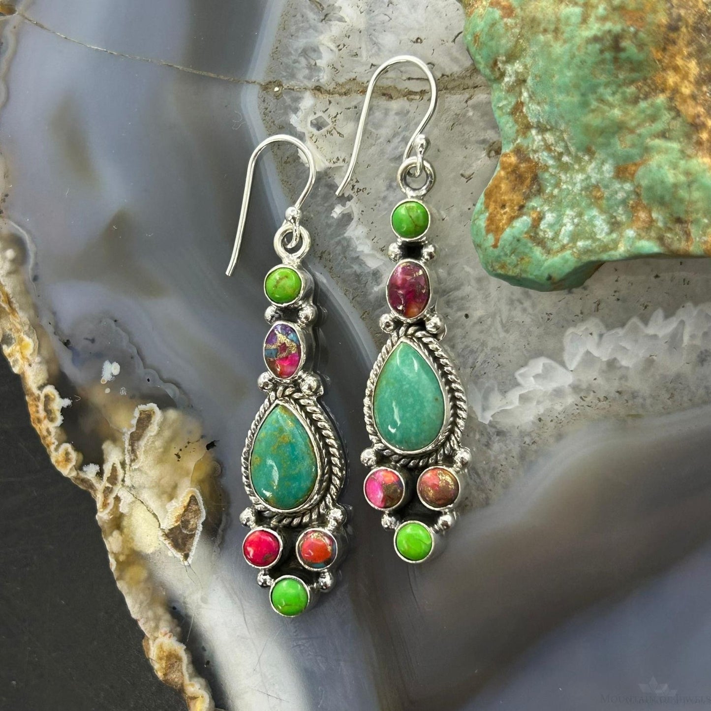 Sterling Silver Southwestern Style Multistone Dangle Earrings For Women