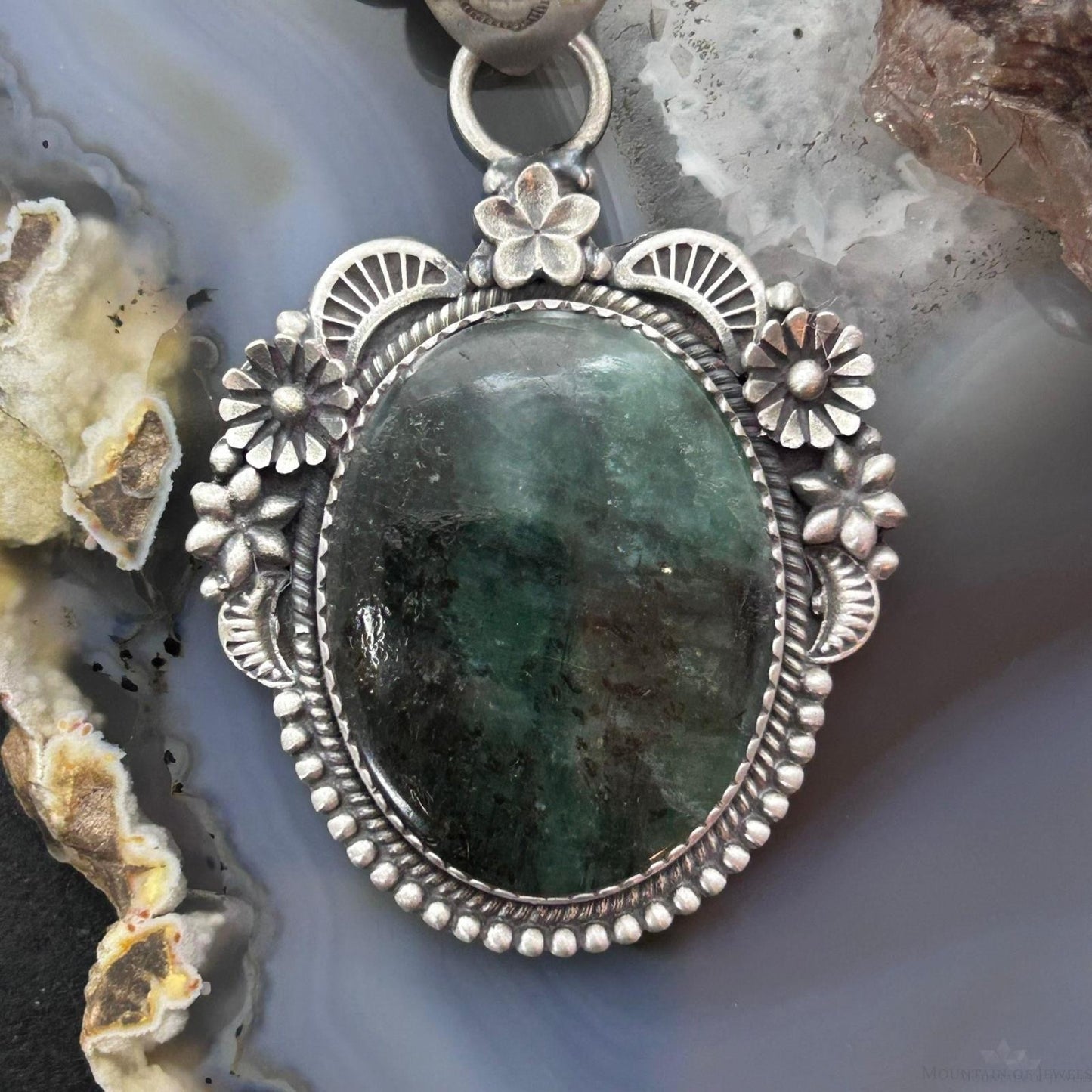 Sterling Silver Southwestern Style Oval Dark Emerald Decorated Pendant For Women