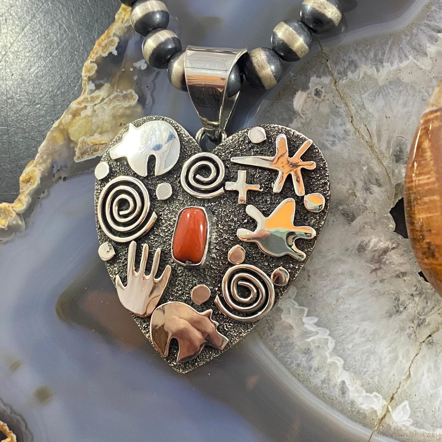 Alex Sanchez Sterling Silver Coral Large Petroglyph Heart Pendant For Women