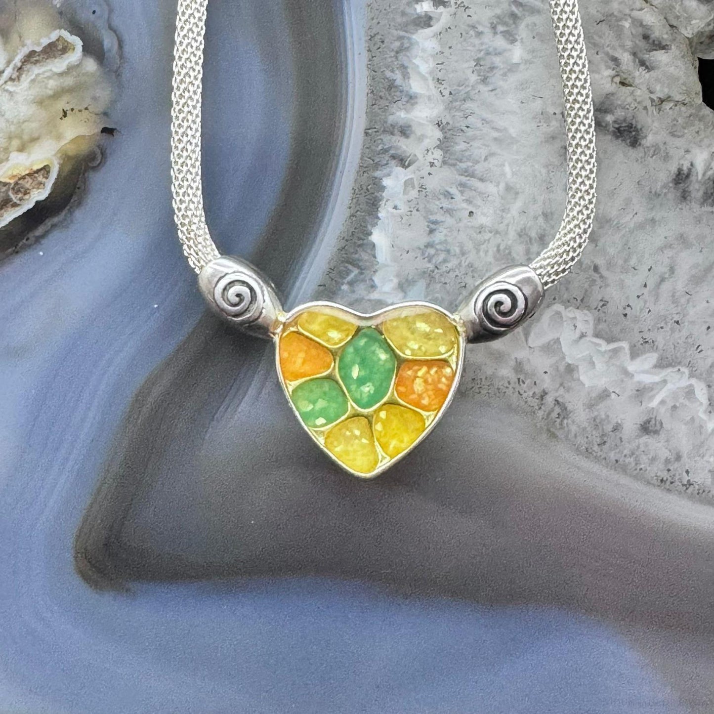 Carolyn Pollack Sterling silver Multistone Chip Inlay Double Sided Heart Pendant 16" Necklace For Women