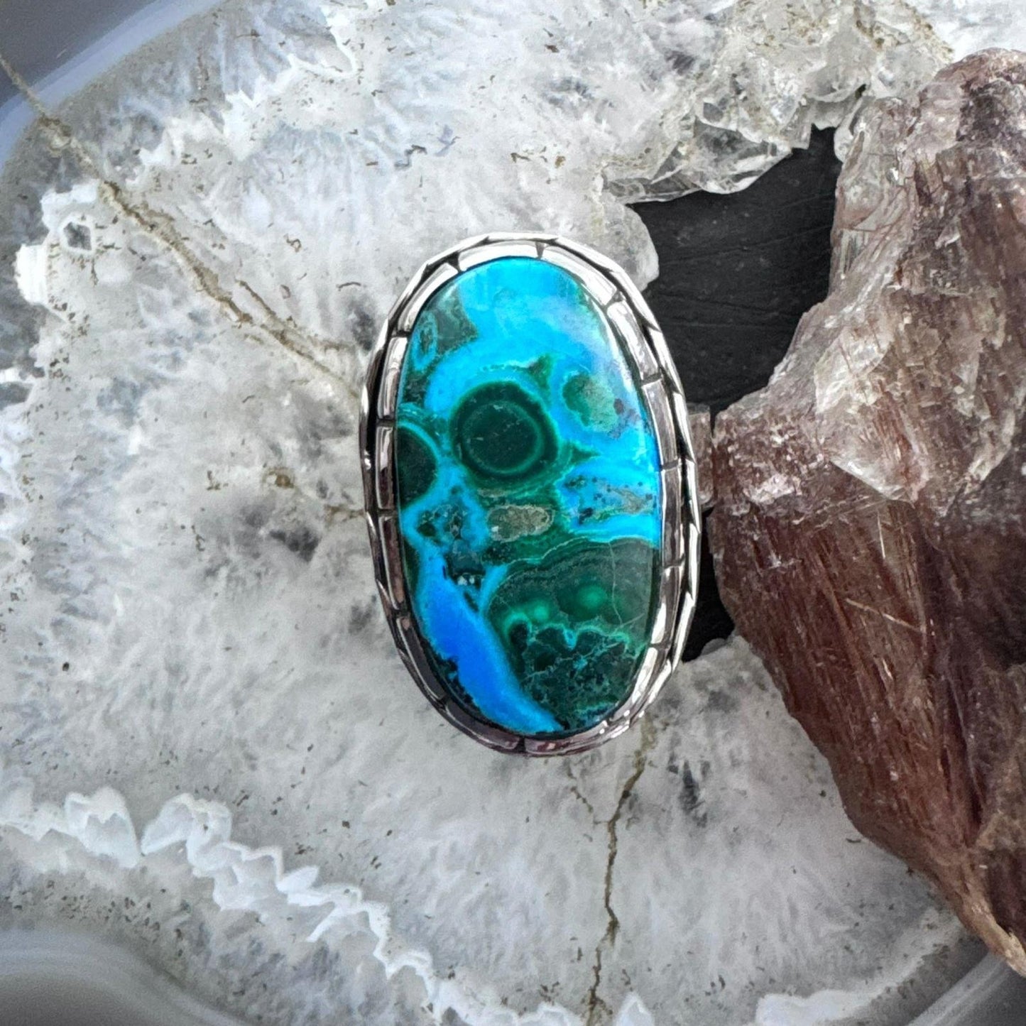 Sterling Silver Southwestern Style Elongated Oval Malachite Azurite Ring Size 9.5 For Women