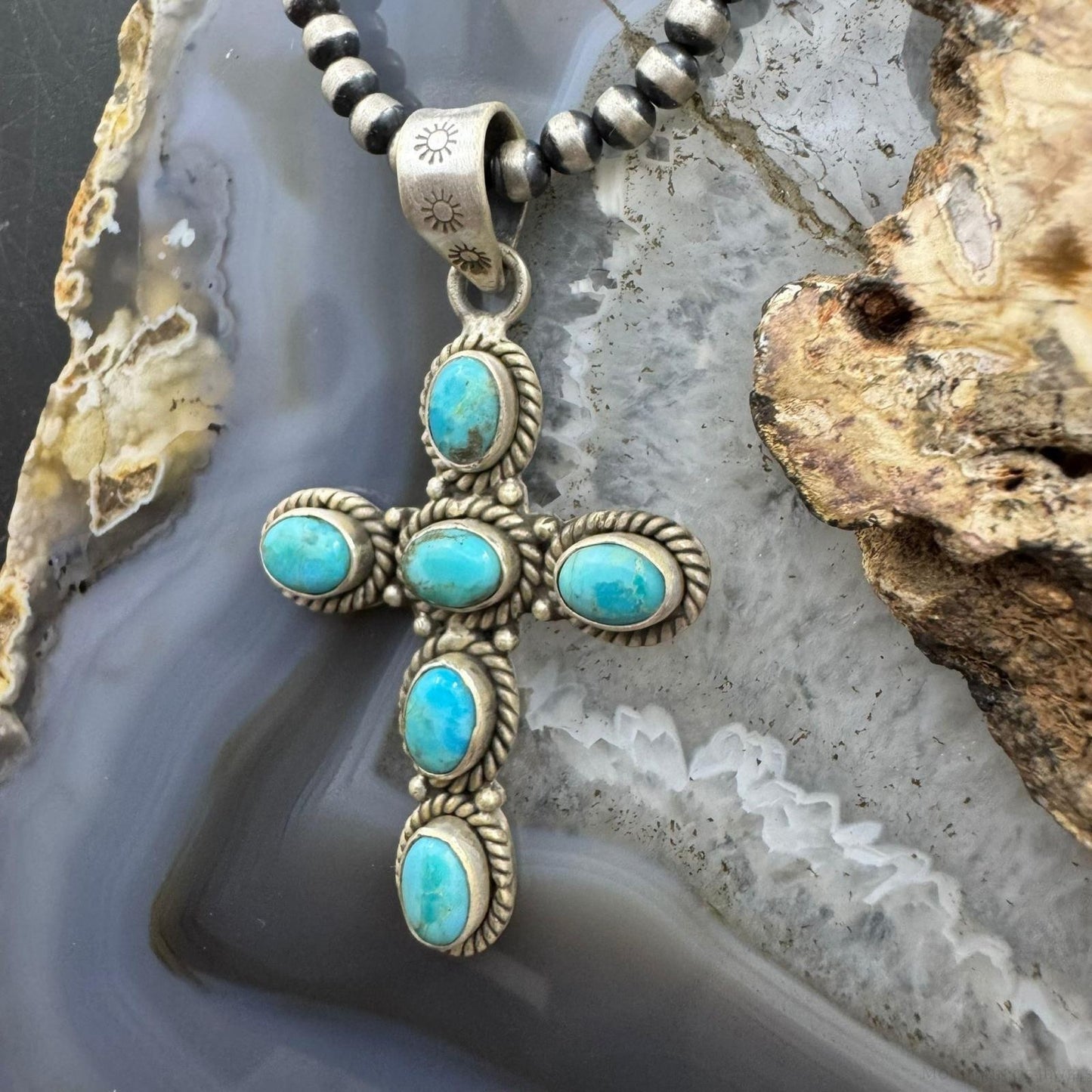 Sterling Silver Southwestern Style 6 Oval Turquoise Decorated Unisex Cross Pendant