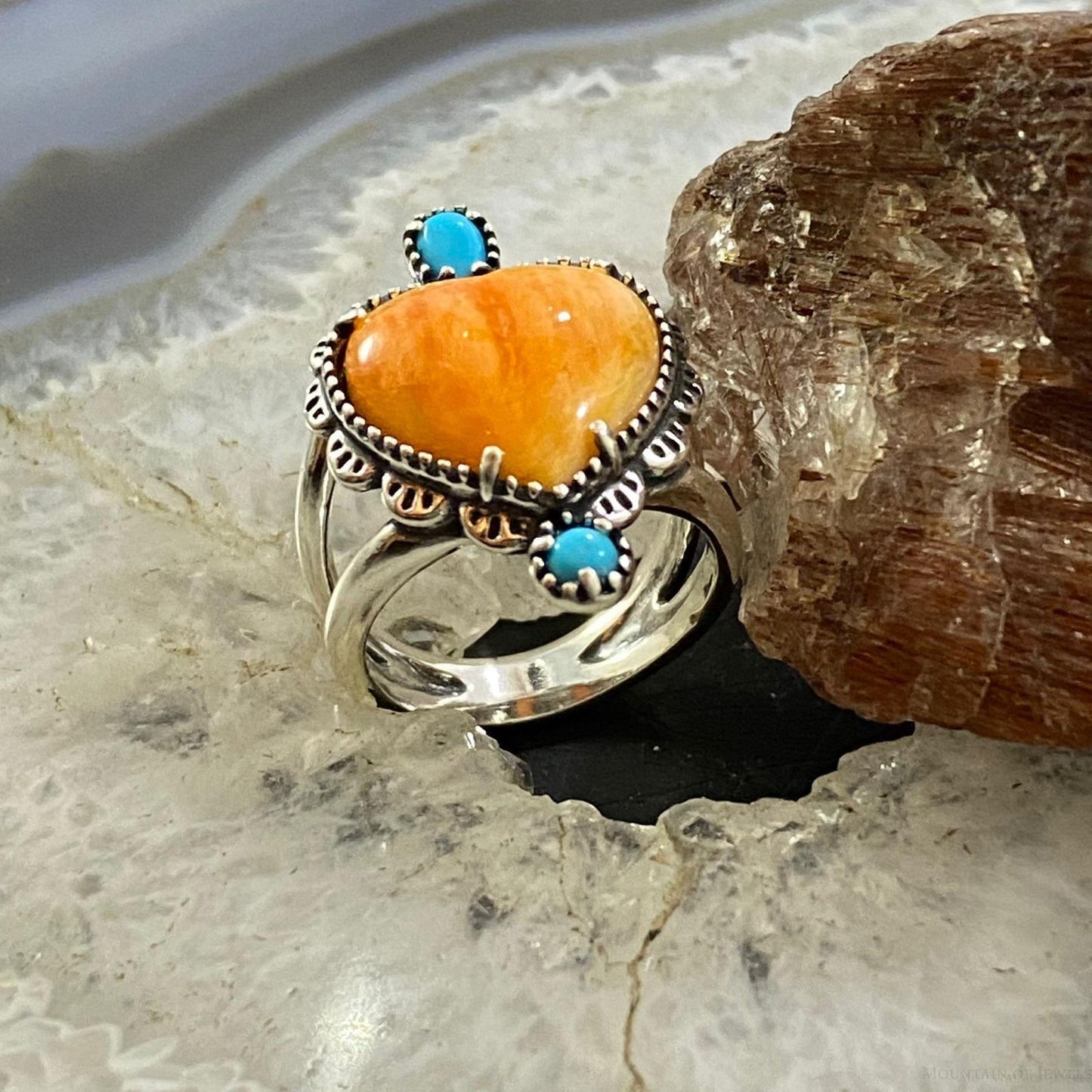 Carolyn Pollack Sterling Silver Orange Spiny Oyster Heart & Turquoise Decorated Ring For Women, Variety of Sizes