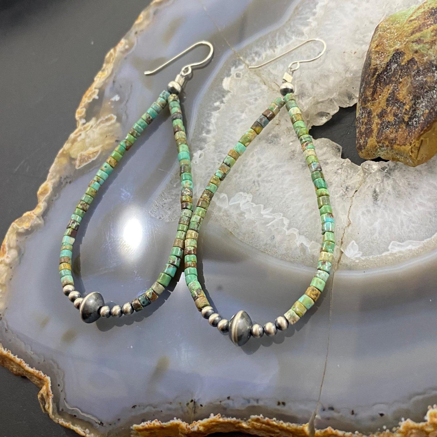 Sterling Silver Green Turquoise Beads & Navajo Pearl Beads Hoop Dangle Earrings