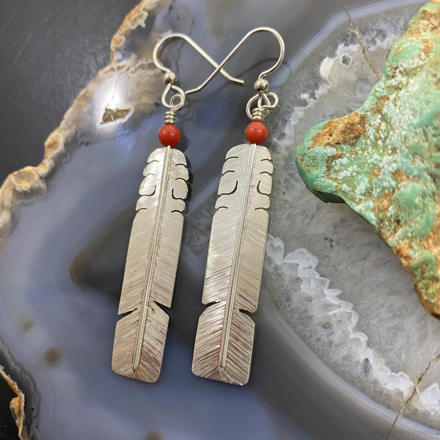 David Kuticka Native American Sterling Silver Feather w/Coral Dangle Earrings #1