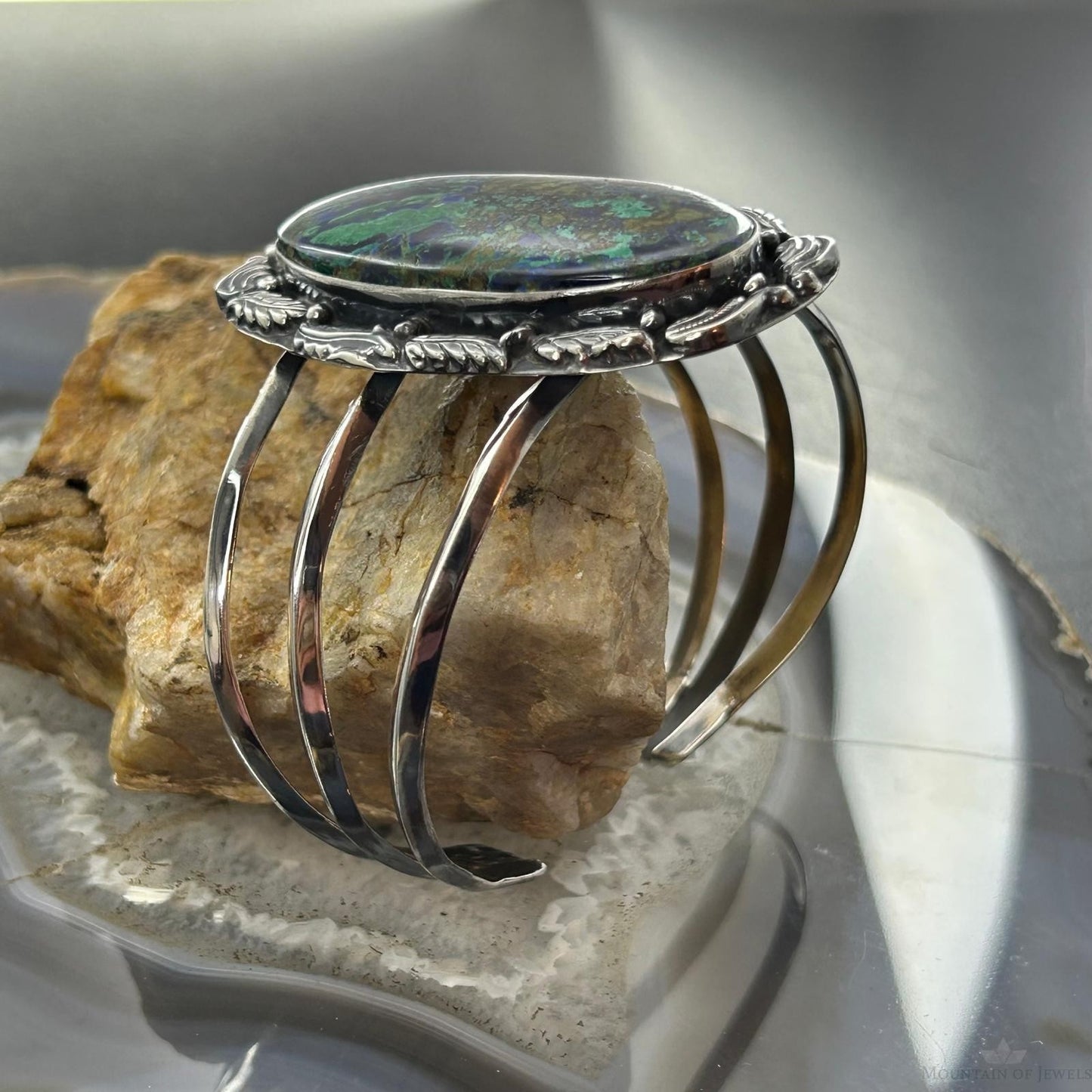 Sterling Silver Southwestern Style Large Oval Azurite Malachite Bracelet For Women