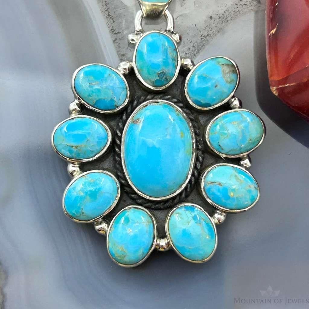 Sterling Silver Southwestern Style Mohave Turquoise Cluster Pendant For Women