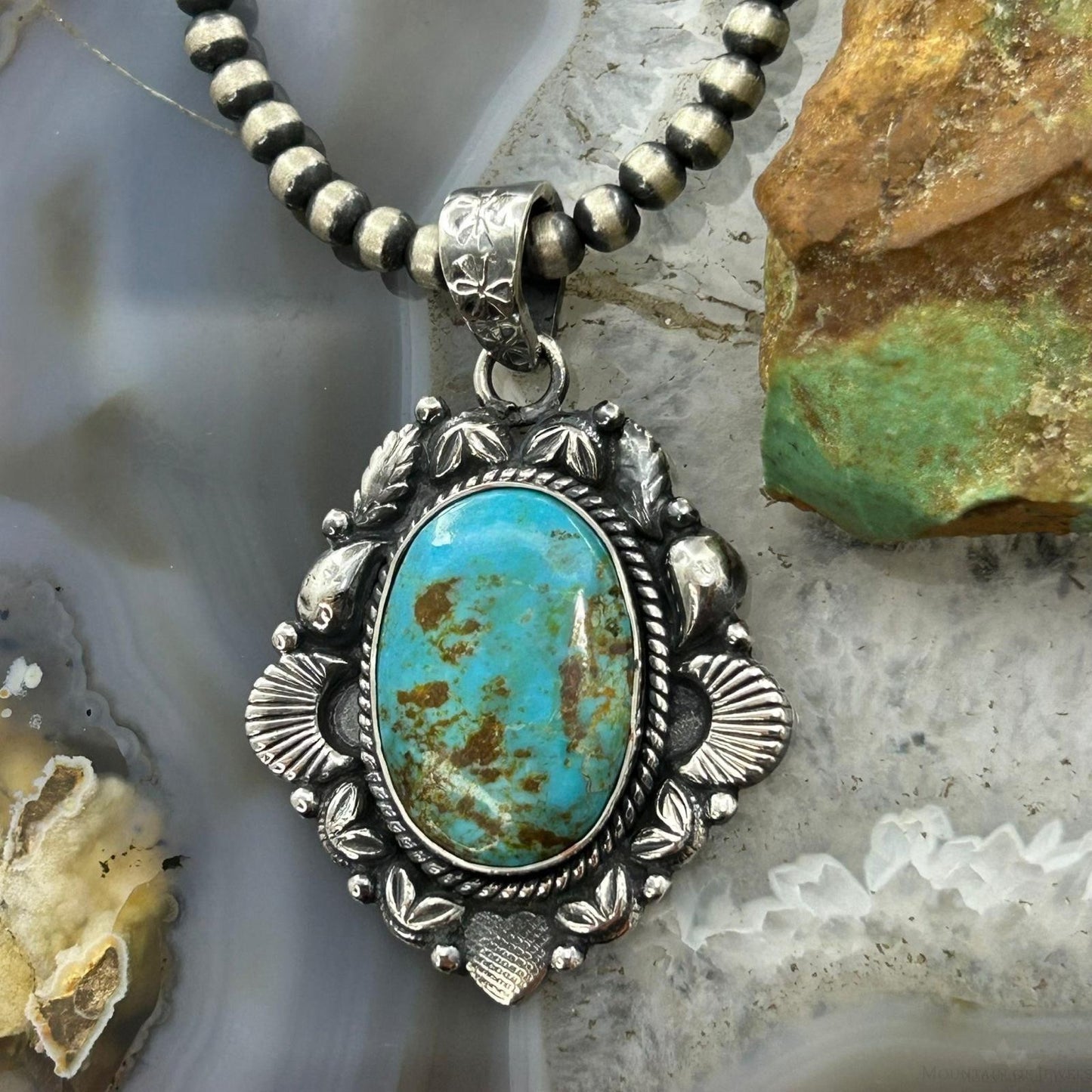 Sterling Silver Southwestern Style Oval Turquoise Decorated Pendant For Women #2