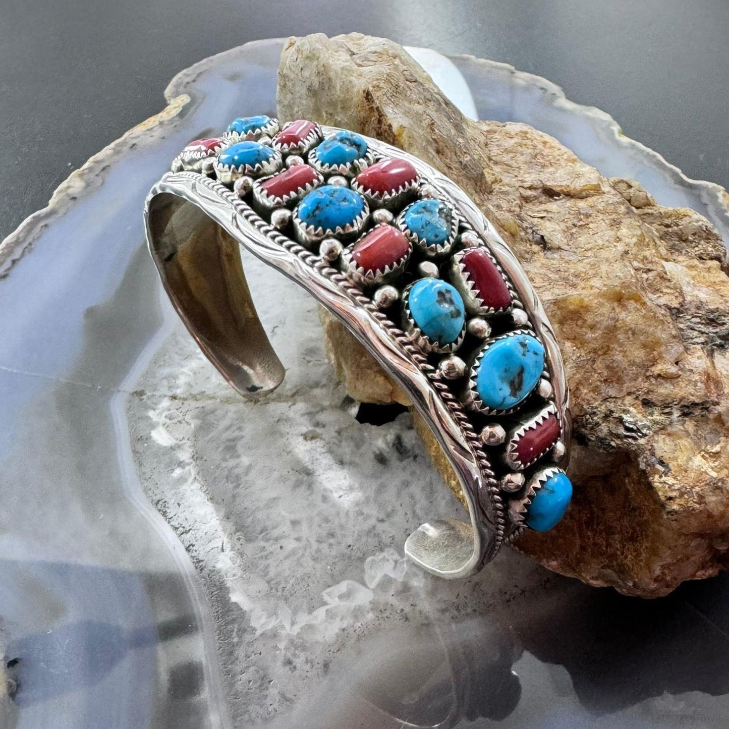 Anita Whitegoat Sterling Silver Rough Turquoise & Coral Bracelet For Women