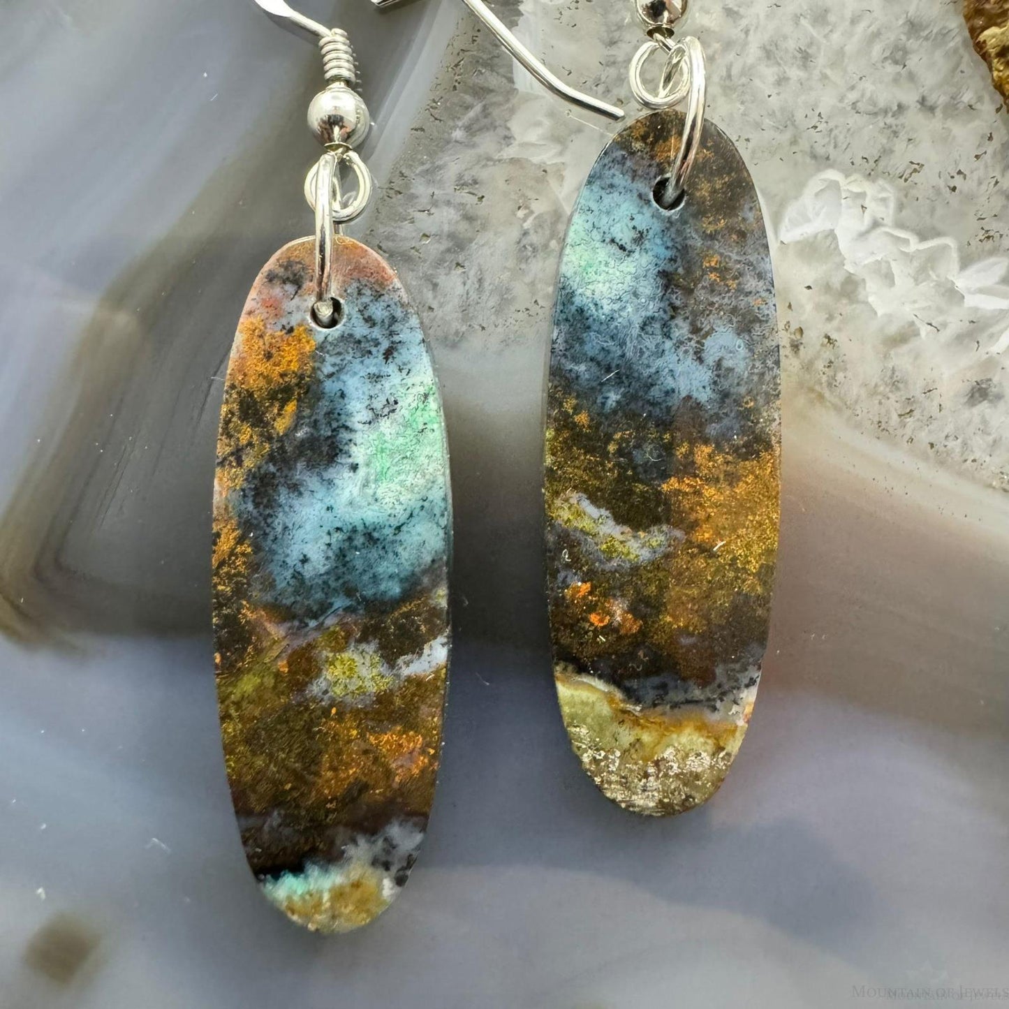 Sterling Silver Elongated Oval Chrysocolla Slab Dangle Earrings For Women #354