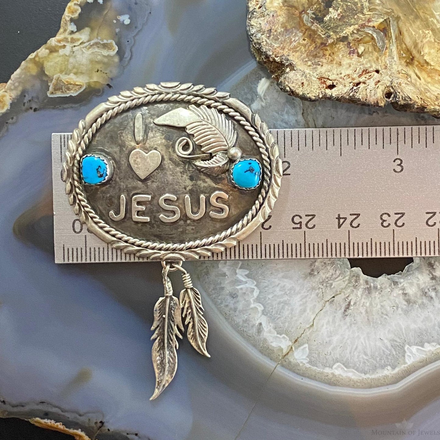 Vintage Signed Native American Sterling Silver Turquoise "I Love Jesus" Brooch