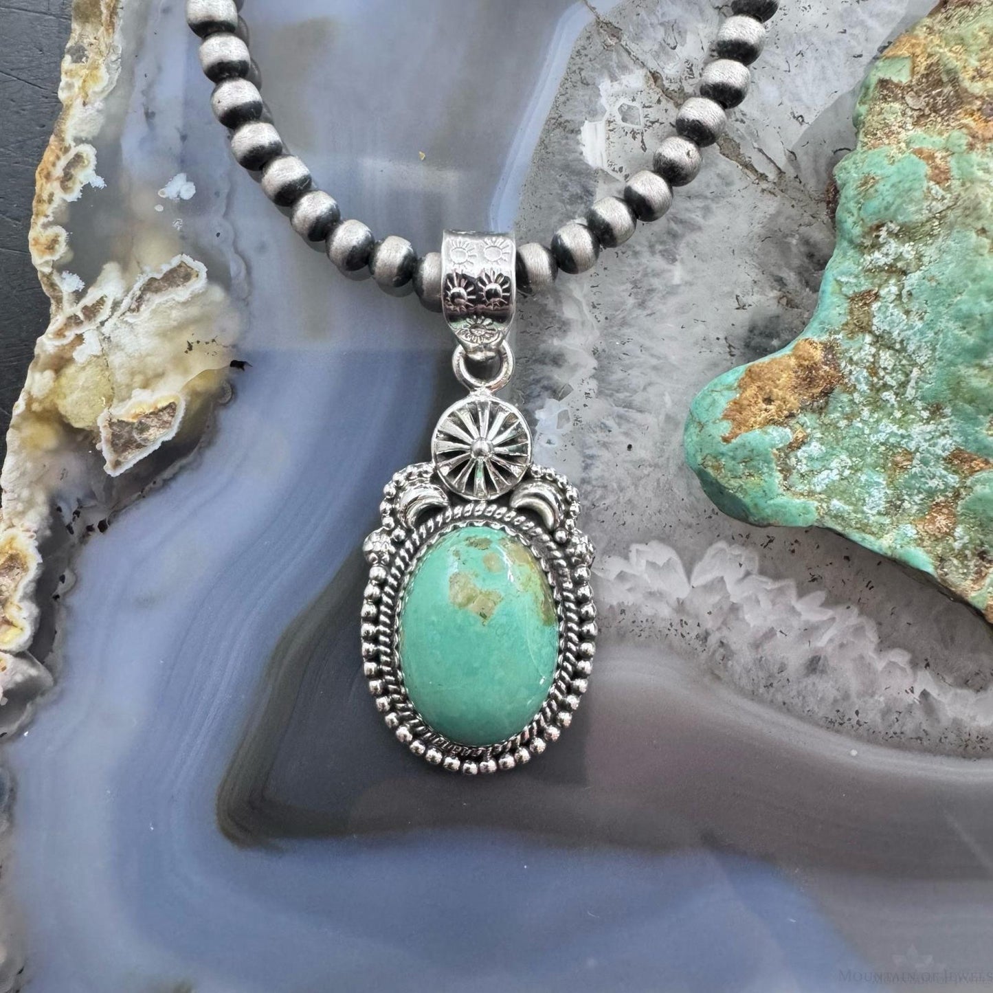Sterling Silver Southwestern Style Oval Green Turquoise Decorated Pendant For Women