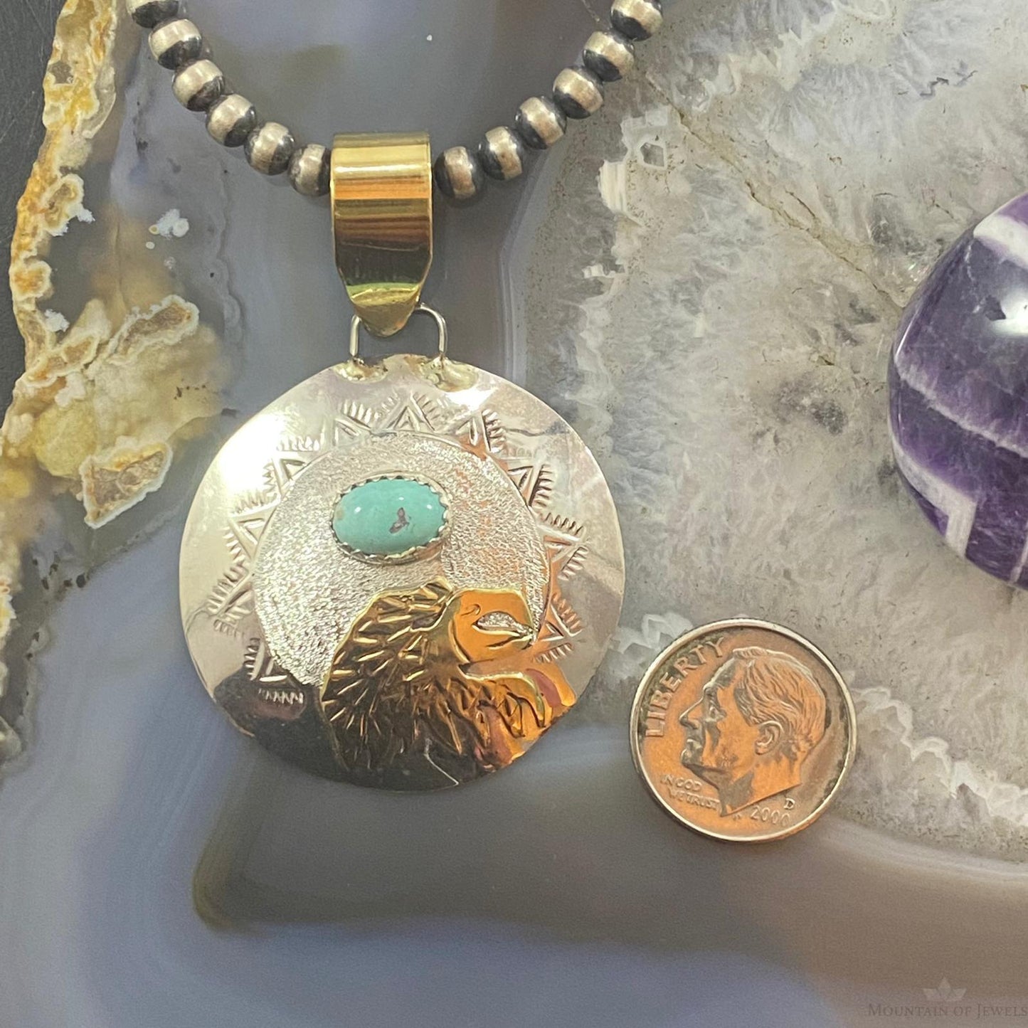 Native American Sterling Silver, GF Eagle Oval Turquoise Pendant For Women