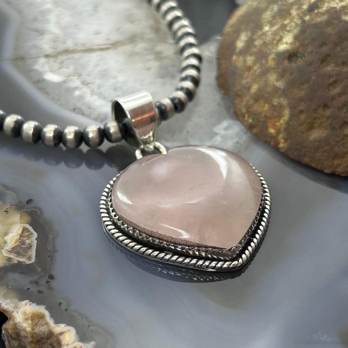 Sterling Silver Southwestern Style Rose Quartz Heart Pendant For Women #1