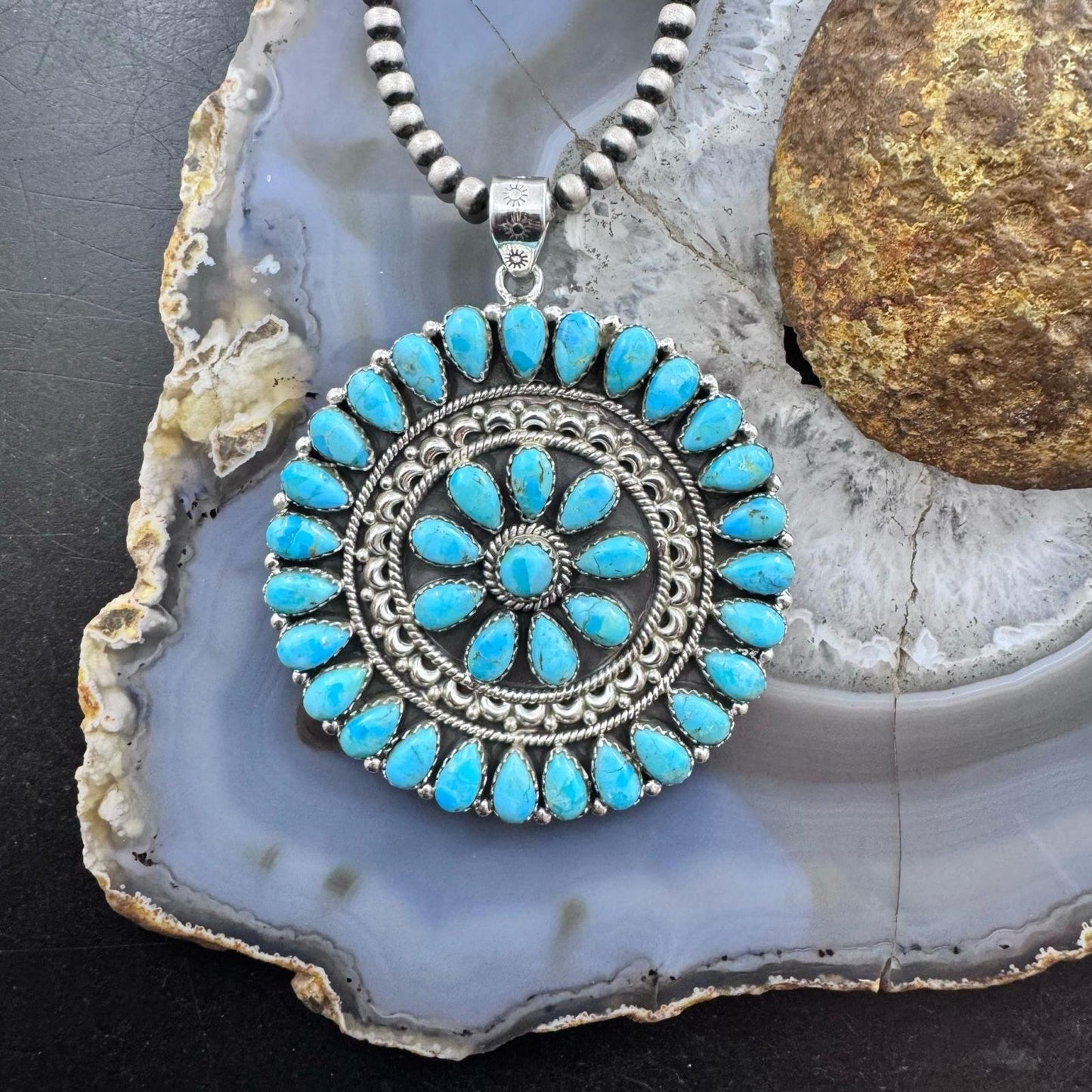 Sterling Silver Southwestern Style Turquoise Decorated Round Cluster Pendant For Women